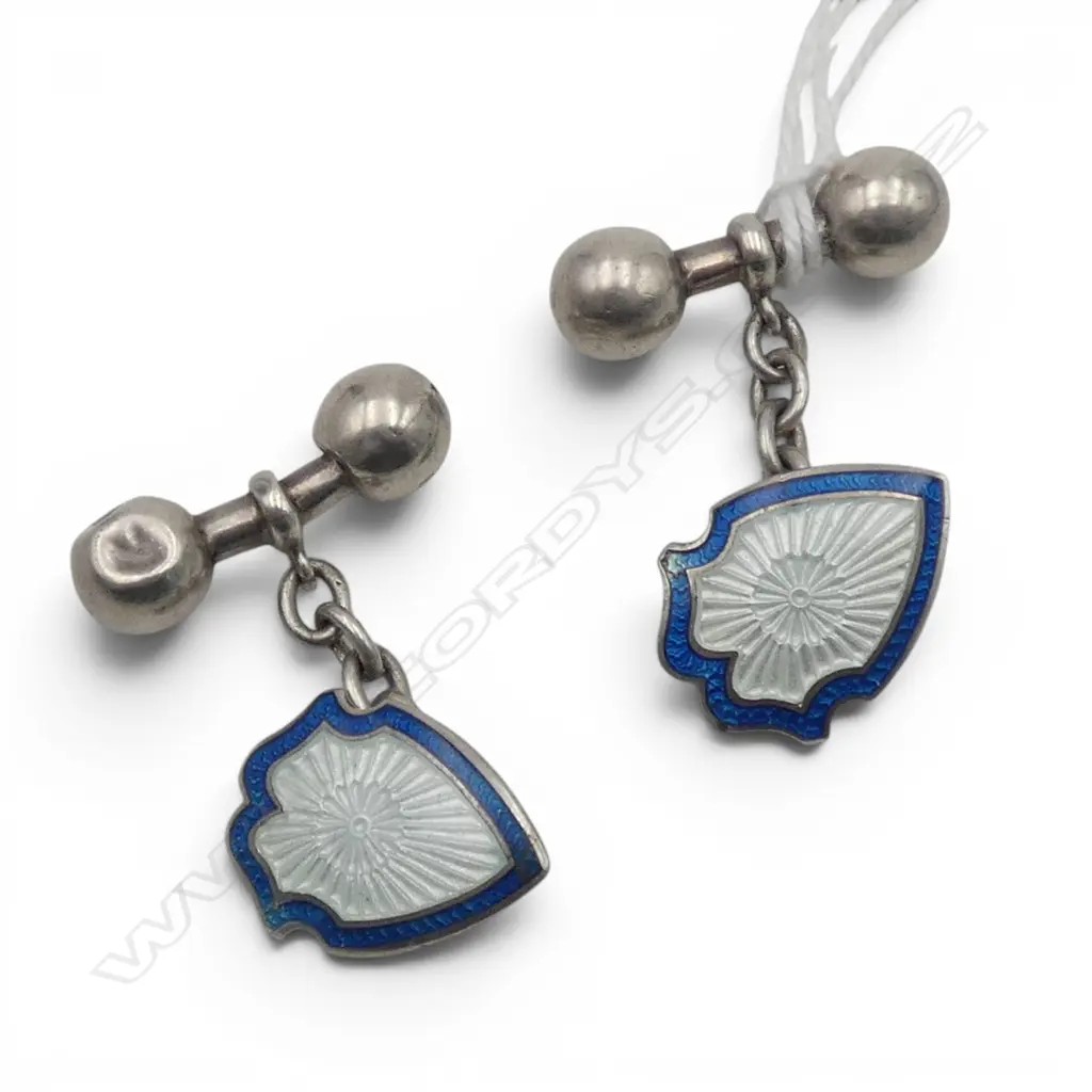 PR ANTIQUE SILVER & ENAMEL CUFFLINKS, BIRM. 1910, sml dents Image 1++