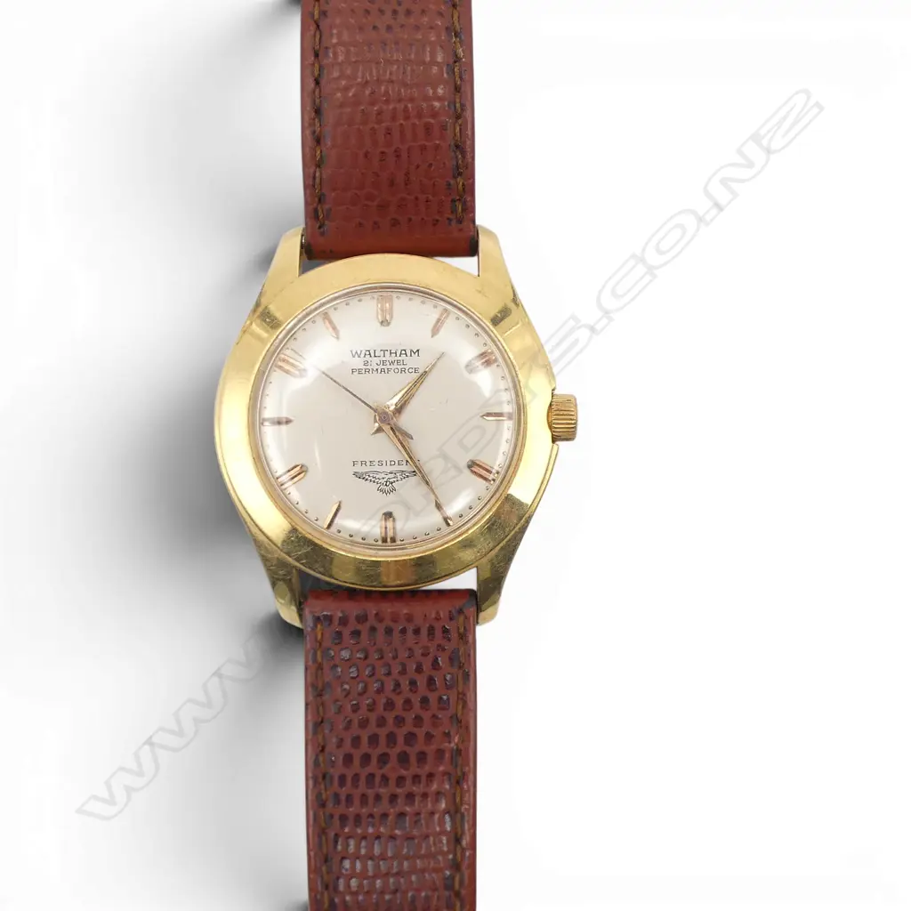 18CT GOLD CASED GENT'S vintage (1950's/60's) WALTHAM 'PERMAFORCE. PRESIDENT' WRIST WATCH. WORKING 43.5gms Image 1++