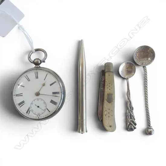 5 PCES STG SILVER; POCKETWATCH, 2 SPOONS, PROPELLING PENCIL, MoP POCKET KNIFE