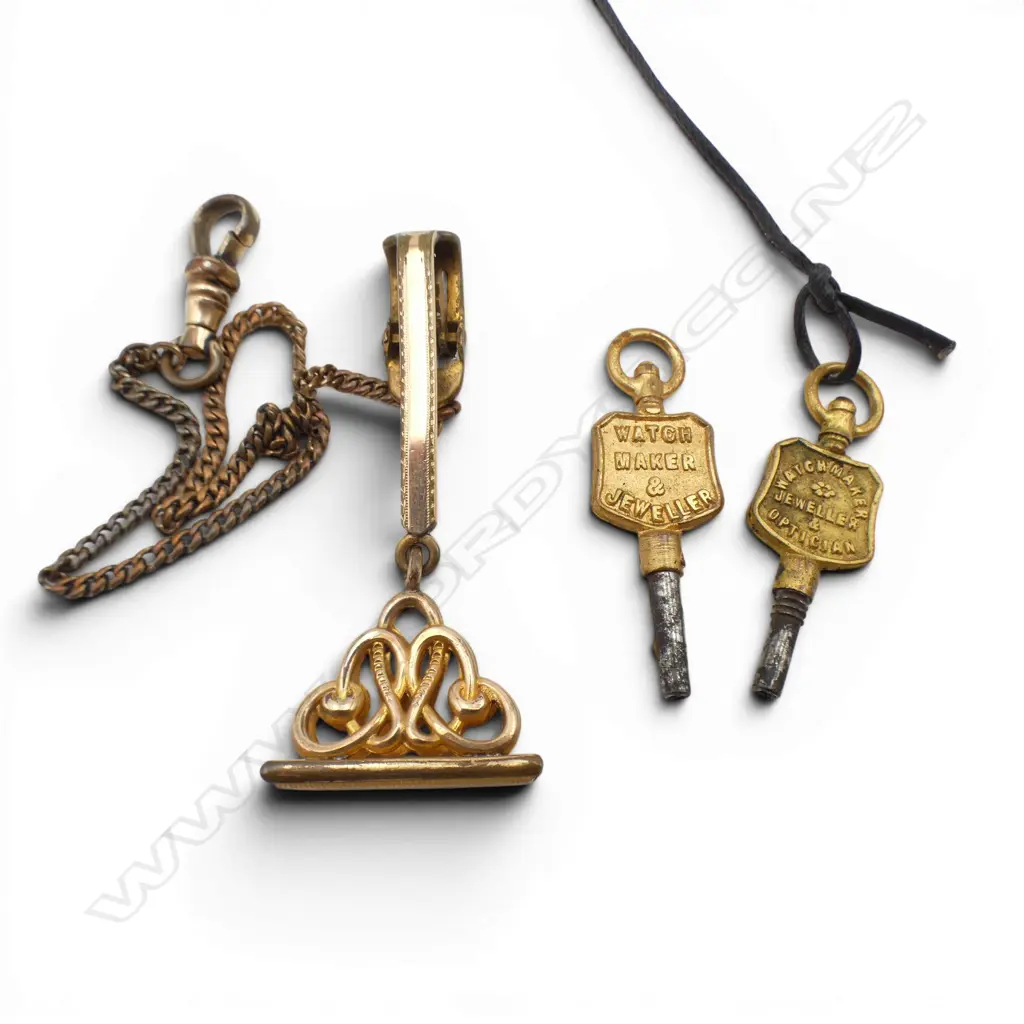 2 NZ COLONIAL NAMED WATCH KEYS + gold plated chain + clip + seal. Image 1++