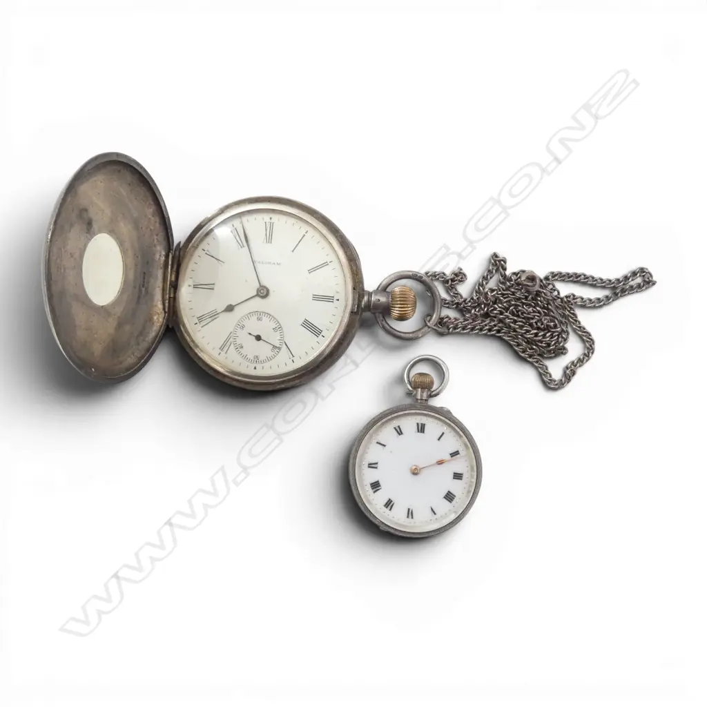S/SILVER WALTHAM POCKET WATCH & SMALL OPEN FACED S/SILVER POCKET WATCH  TOTAL WIEGHT 126GMS Image 1++