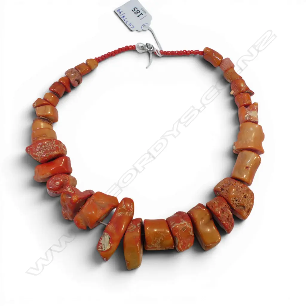 LARGE CHUNKY NATURAL RED CORAL BEAD NECKLACE L240 Image 1++