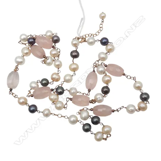 FLAPPER LENGTH FACETED ROSE QUARTZ & CULTURED PEARL SILVER NECKLACE