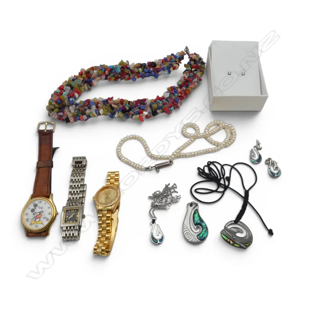 CHIP & PEARL NECKLACES, PAUA JEWELLERY, EARRINGS & 3 WATCHES inclds copy watches Image 1++