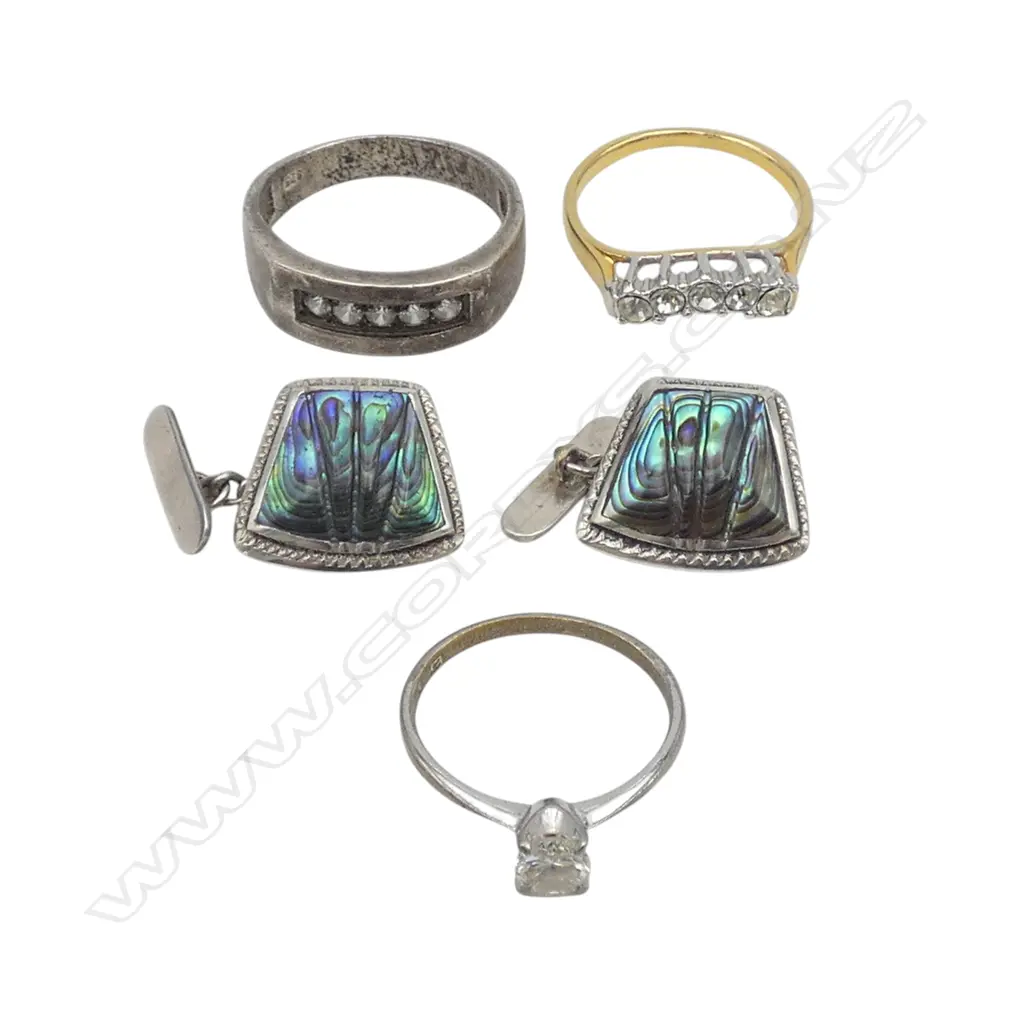 .925 SILVER & GEM SET RING + 2 OTHER RINGS + PR SILVER & PAUA SHELL CUFFLINKS  Image 1++