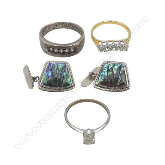 .925 SILVER & GEM SET RING + 2 OTHER RINGS + PR SILVER & PAUA SHELL CUFFLINKS 