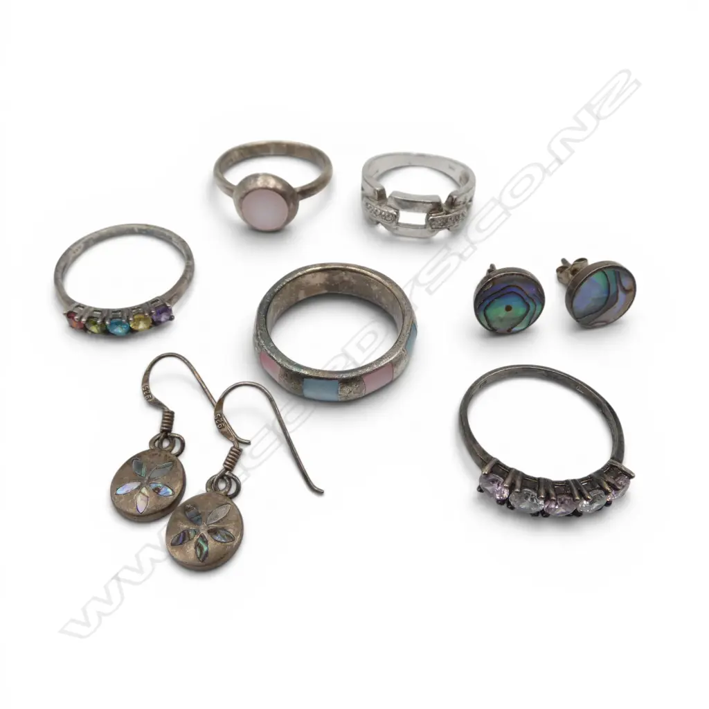 5 STG SILVER RINGS + 2 PRS SILVER EARRINGS  Image 1++