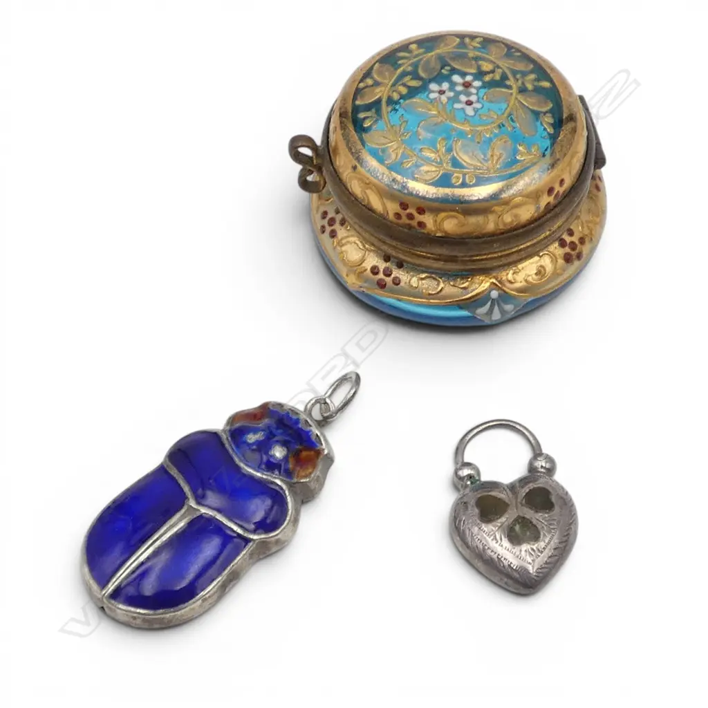SILVER &ENAMEL BETTLE BROOCH + c.1900 SILVER PADLOCK bracelet CLASP gem set + VENETIAN GLASS gilded TRINKET BOX Image 1++