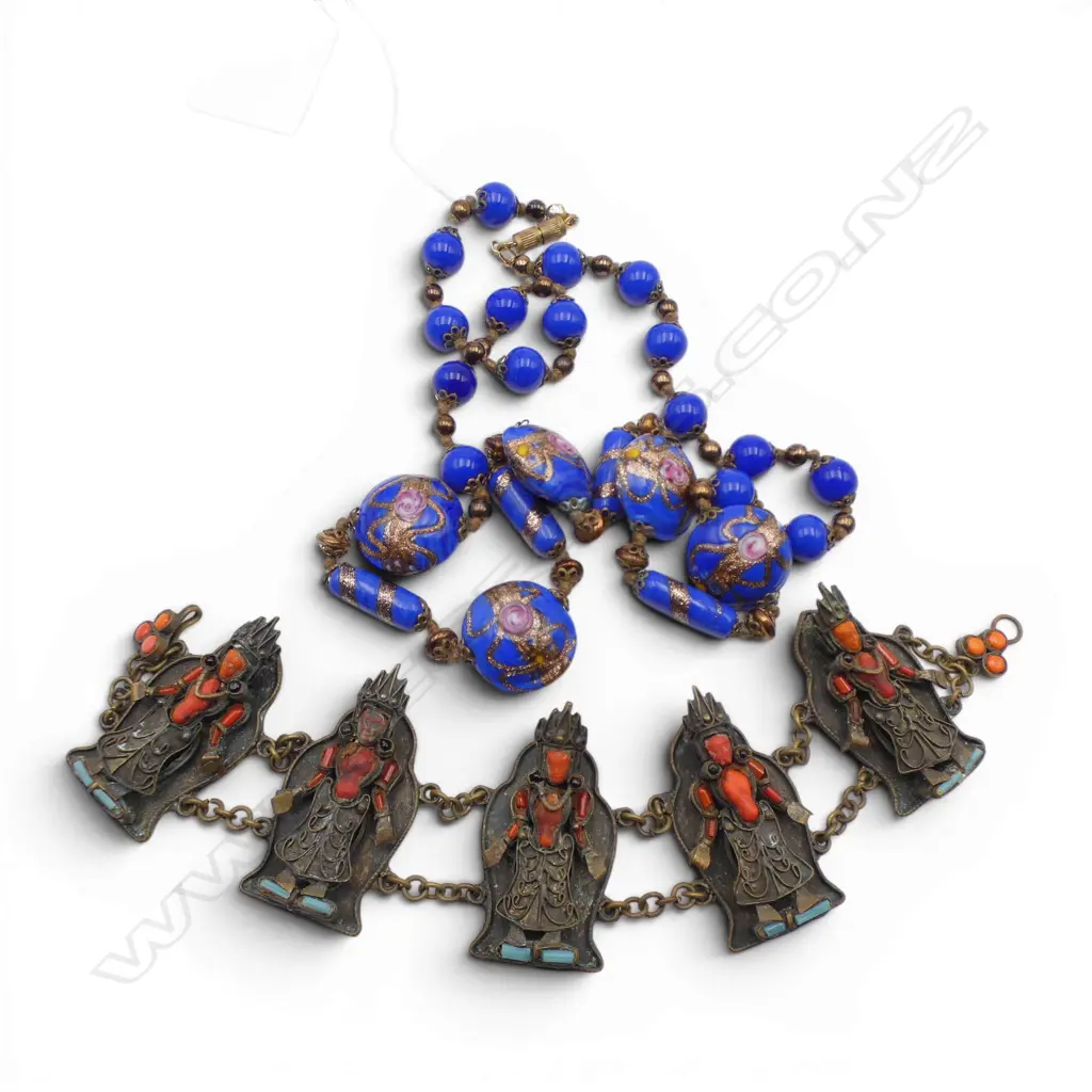 BLUE GLASS BEAD NECKLACE + THAI BRACELET Image 1++