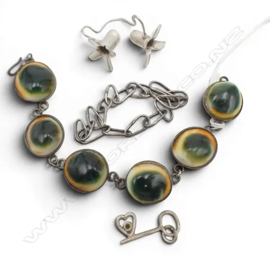 NZ HANDMADE SILVER PAWPAW FLOWER EARRINGS & KEY PENDANT, SILVER LINK CHAIN BRACELET & TIGER EYE BRACELET