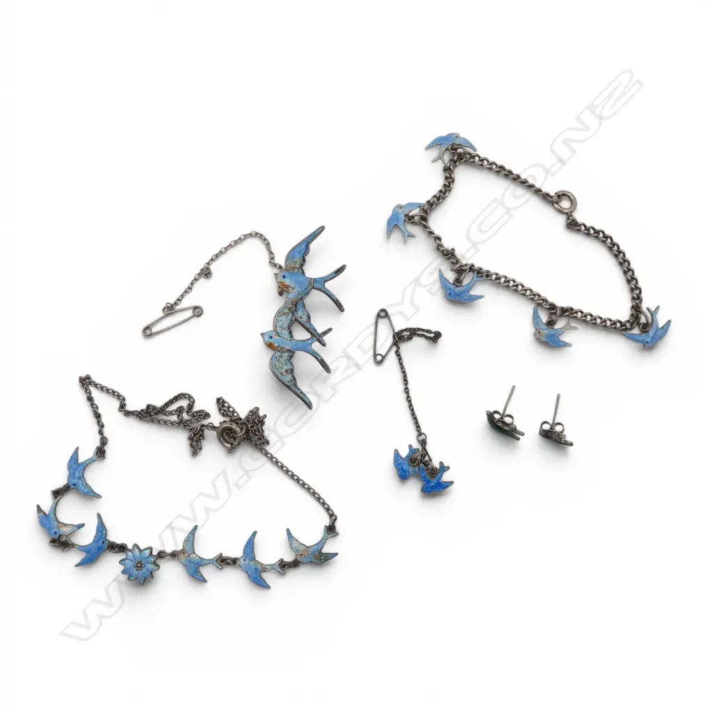5 PCE STG SILVER & ENAMEL JEWELLERY SET; NECKLACE, 2 BROOCHES, BRACELET & PR EARRINGS Image 1++