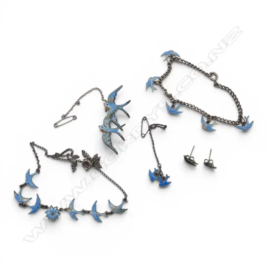 5 PCE STG SILVER & ENAMEL JEWELLERY SET; NECKLACE, 2 BROOCHES, BRACELET & PR EARRINGS