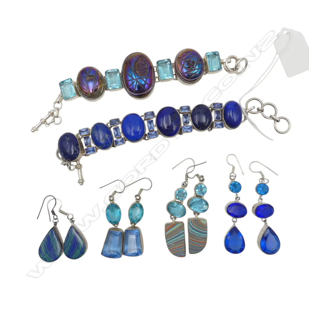 2 BLUE STONE BRACELETS + 4 PRS EARRINGS (STAMPED 925 BUT NOT SILVER) Image 1++