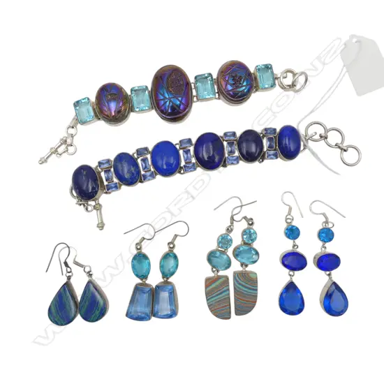 2 BLUE STONE BRACELETS + 4 PRS EARRINGS (STAMPED 925 BUT NOT SILVER)