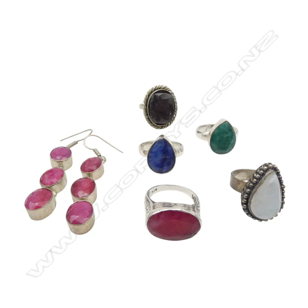 5 SILVER TONE & GEMSTONE RINGS + PR EARRINGS Image 1++