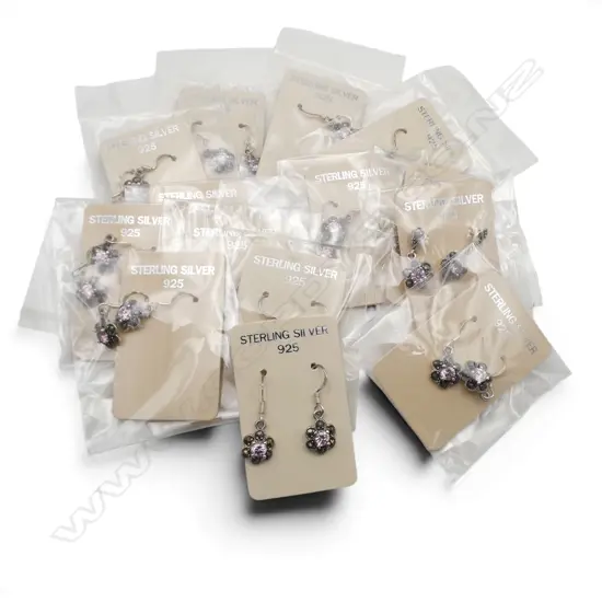 BAG of 14 flower head shape pairs of SILVER & gem set EARRINGS new old stock