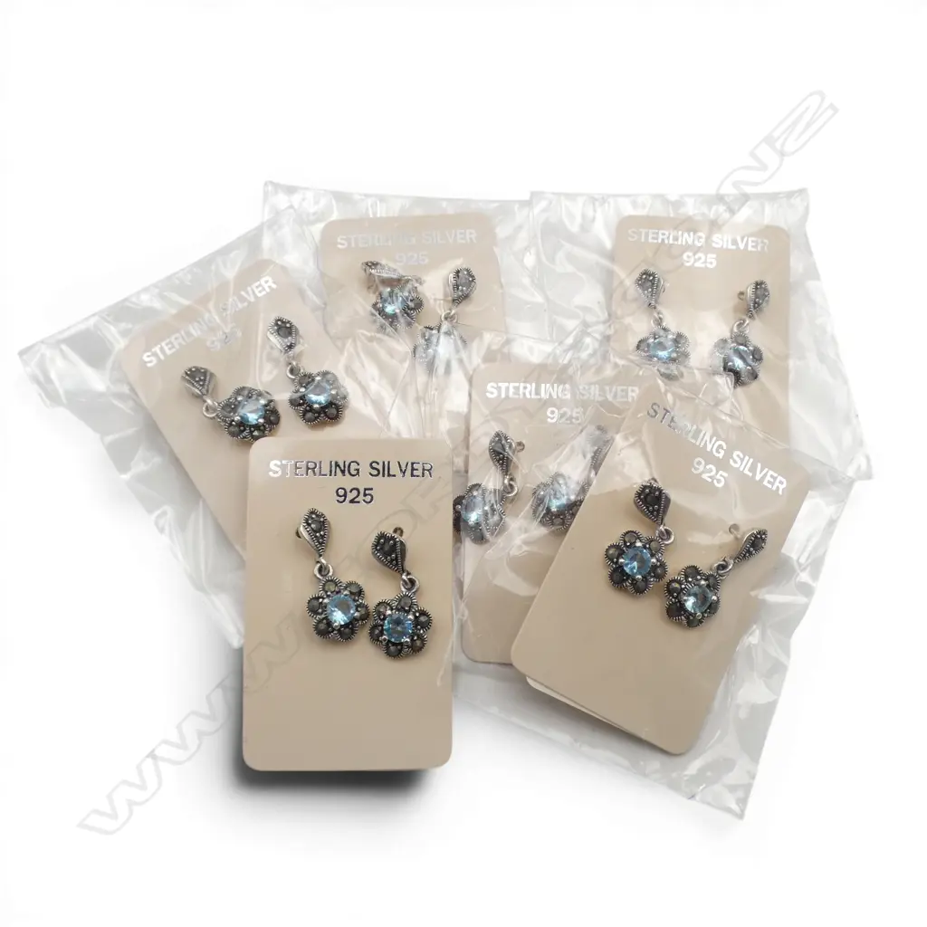 BAG of 6 flower head shape pairs of SILVER & gem set EARRINGS new old stock Image 1++