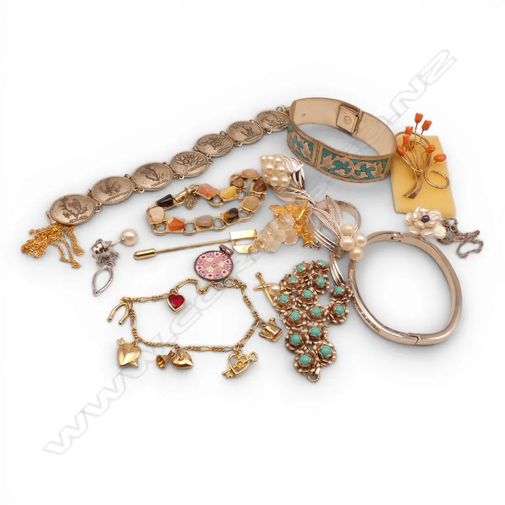 ASST. COSTUME JEWELLERY INCL. 2 STG SILVER BRACELETS 47gms, 9CT PEARL PENDANT 0.7gms Image 1++