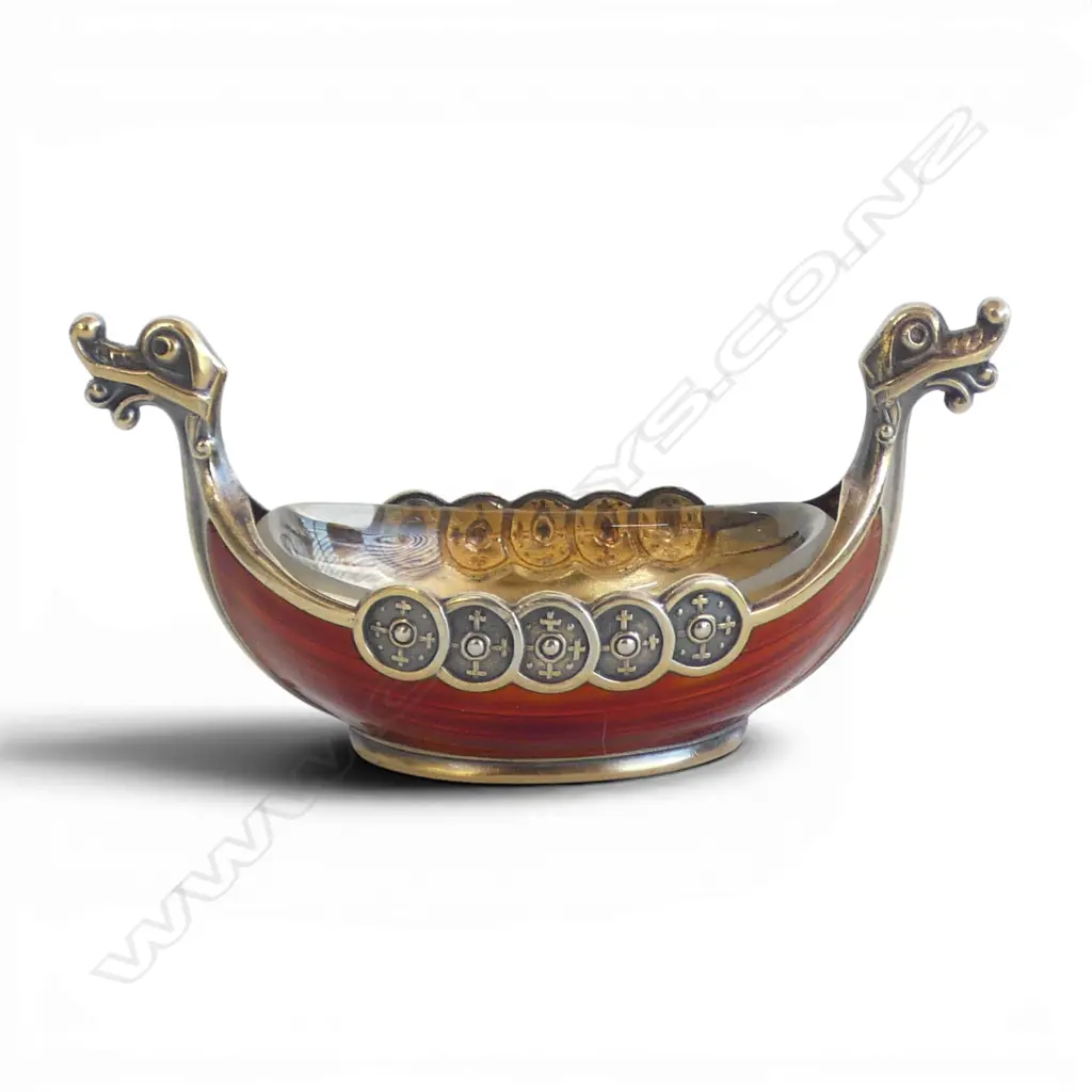 NORWEGIAN 925 SILVER & ENAMEL VIKING SHIP SALT WITH GLASS LINER BY THEODOR OLSEN SILVER WEIGHT 26.5GMS Image 1++