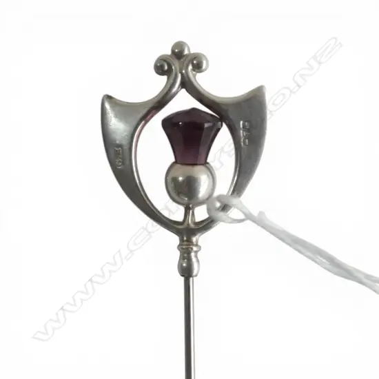 Chester 1912 Charles Horner silver and purple gem hat pin, minor chipping