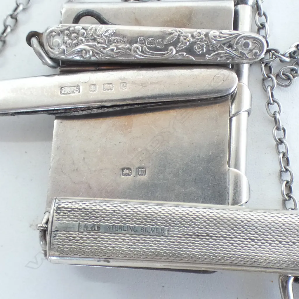 SILVER TONE CHATELAINE w. 5 STG SILVER ATTACHMENTS (1 LOOSE) L.285mm Image 1++