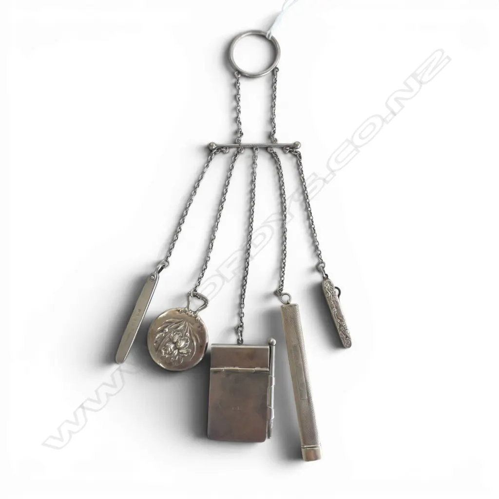 SILVER TONE CHATELAINE w. 5 STG SILVER ATTACHMENTS (1 LOOSE) L.285mm Image 1++