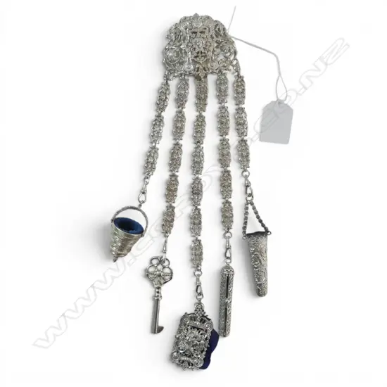  CHATELAINE, SILVER TONE w. 5 ATTACHMENTS L.295mm