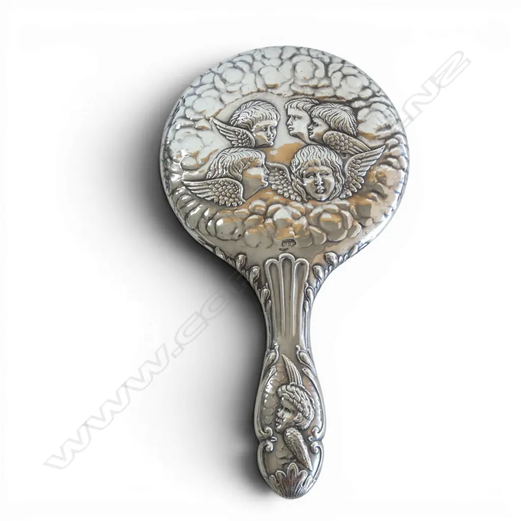 S/SILVER HAND MIRROR REYNOLDS ANGELS CHESTER 1905  MAKER J&R GRIFFIN 421GMS TOTAL WEIGHT Image 1++