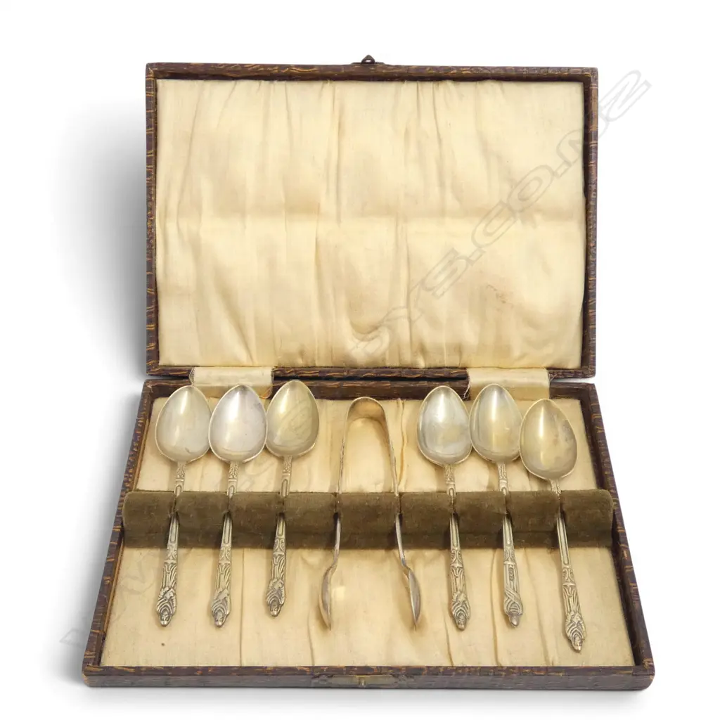 SET 6 + TONGS SILVER PLATE APOSTLE TEA SPOONS BOXED Image 1++