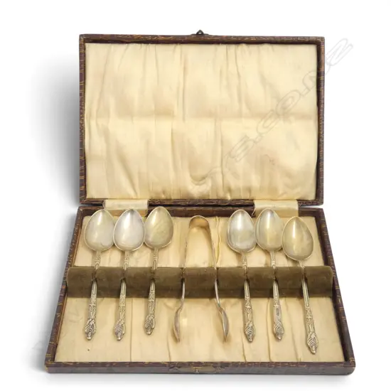 SET 6 + TONGS SILVER PLATE APOSTLE TEA SPOONS BOXED