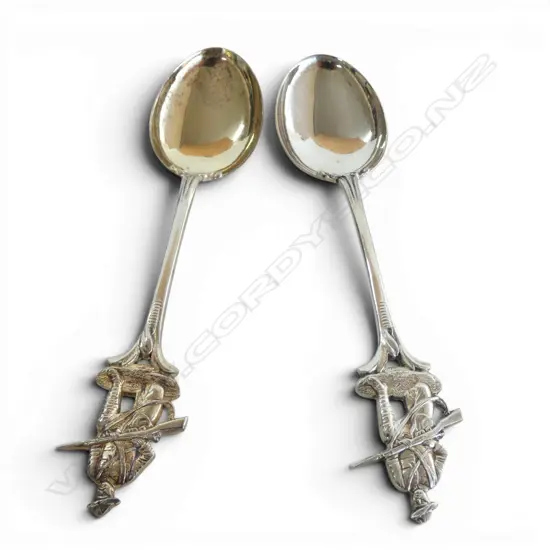 PR S/SIVER TEASPOONS WITH SOLDIER HOLDING RIFLE ENGAVED AKARANA POSSIBLY AKARANA RIFLE CLUB AUCKLAND  1912 28.8GMS