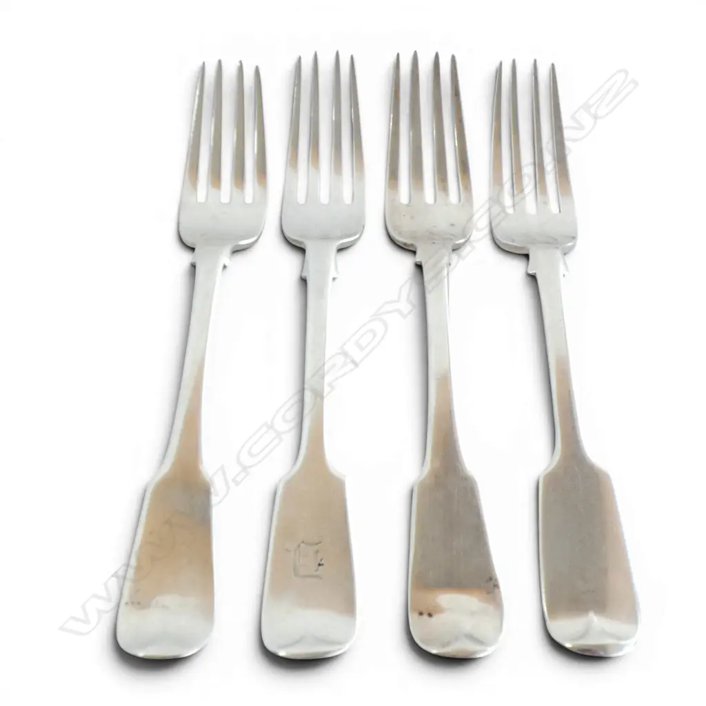 4 ASST. STG SILVER FORKS, 2 LONDON 1808, 1901 + VICTORIAN, 191gms Image 1++