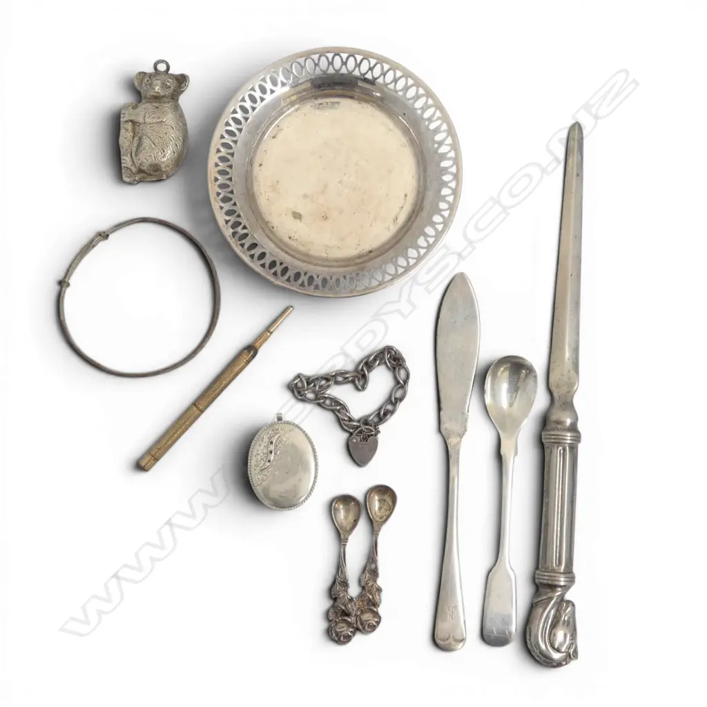 ASST STG SILVER + SILVER PLATE SMALL PCES: KOALA rattle + silver bracelet & spoons etc Image 1++