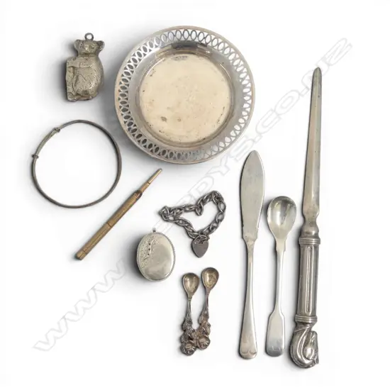 ASST STG SILVER + SILVER PLATE SMALL PCES: KOALA rattle + silver bracelet & spoons etc