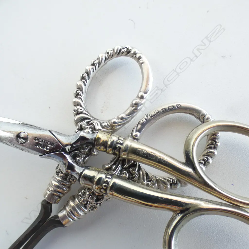 10 PRS SCISSORS, 7 w. STG SILVER HANDLES L.110mm + holder Image 1++