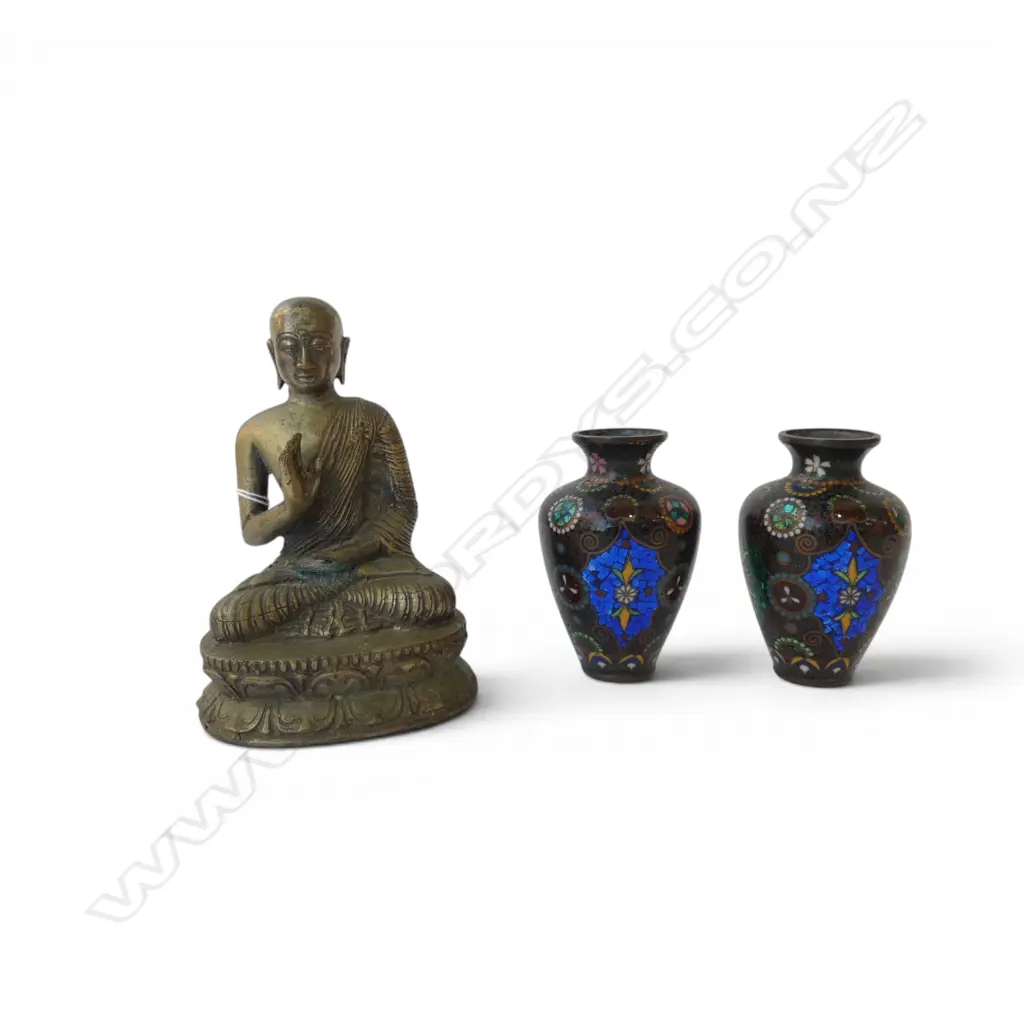 METAL BUDDHA H.150mm, PR CLOISONNE VASES H.95mm Image 1++