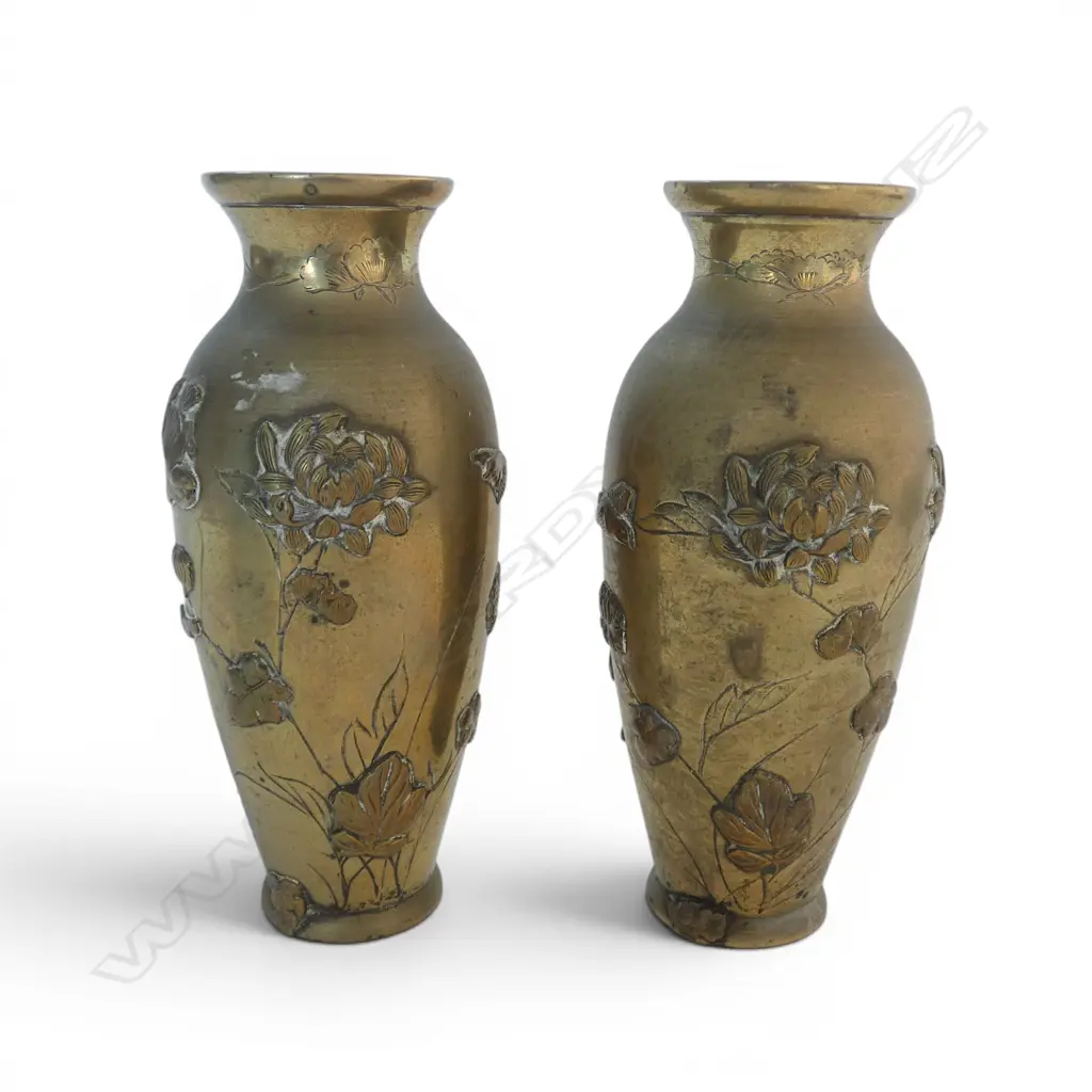 PR JAPANESE MEHJI PERIOD BRONZE VASES FLOWER & BIRD DECORATION H150MM Image 1++