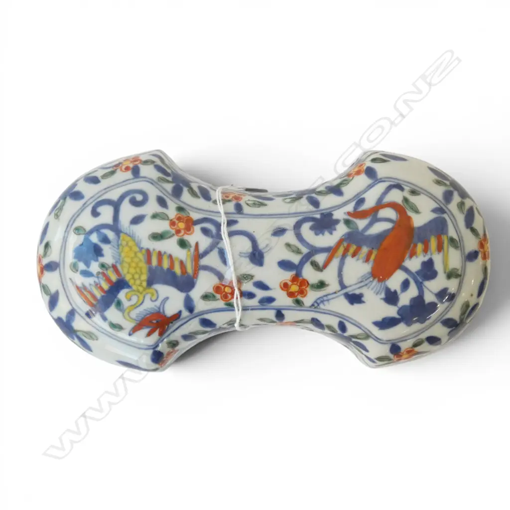 CHINESE INGOT SHAPED WUCAI GLAZED LIDDED BOX phoenix & floral decoration. L.210mm Image 1++