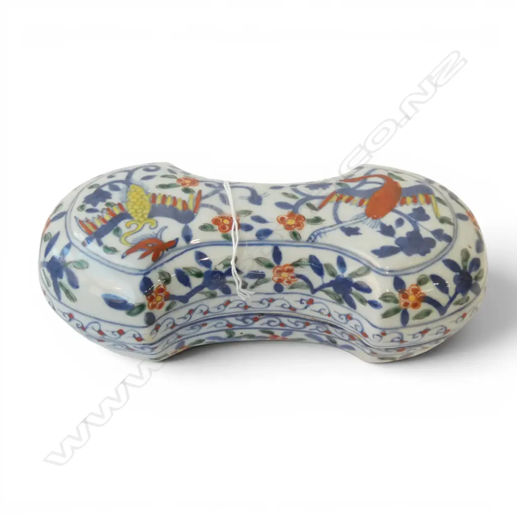 CHINESE INGOT SHAPED WUCAI GLAZED LIDDED BOX phoenix & floral decoration. L.210mm Image 1++