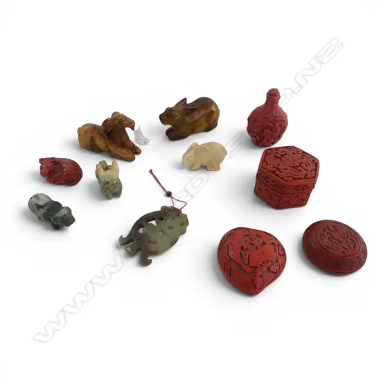 5 ORIENTAL ANIMALS (4 STONE, 1 RESIN?), CINNABAR ETC