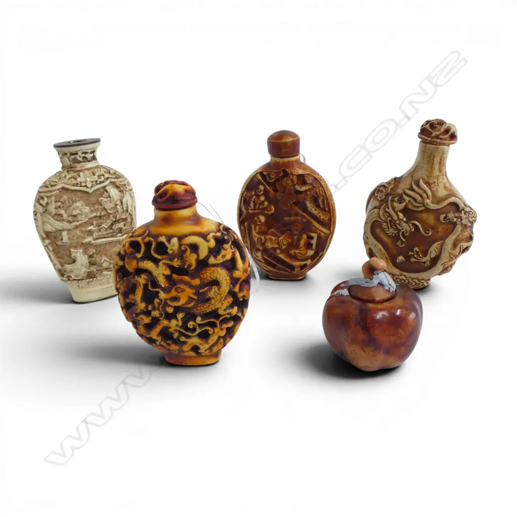 FOUR FAUX BONE CARVED CHINESE SNUFF BOTTLES (ONE LID MISSING) & CARVED PUMPKIN H.80mm (LARGEST)  Image 1++