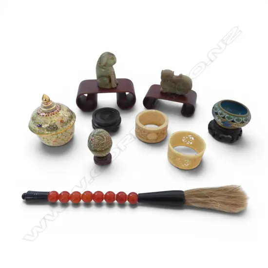 SMALL COLLECTION 8 CHINESE PCS JADE RABBIT H55MM  JADE CAT  CALLIGRAPHY BRUSH CLOISONE ETC