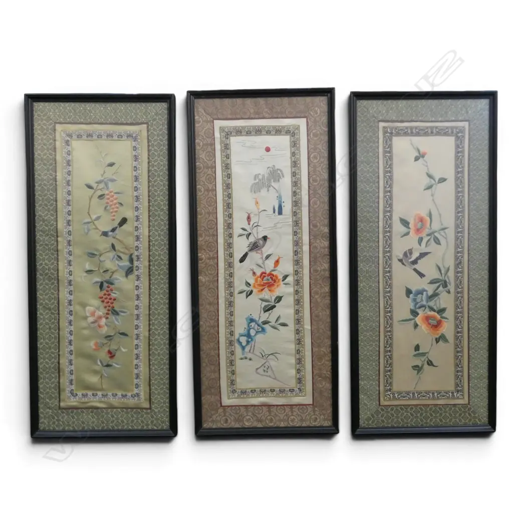 3 CHINESE  FRAMED SILK EMBRODERY WORKS H600 W240MM Image 1++