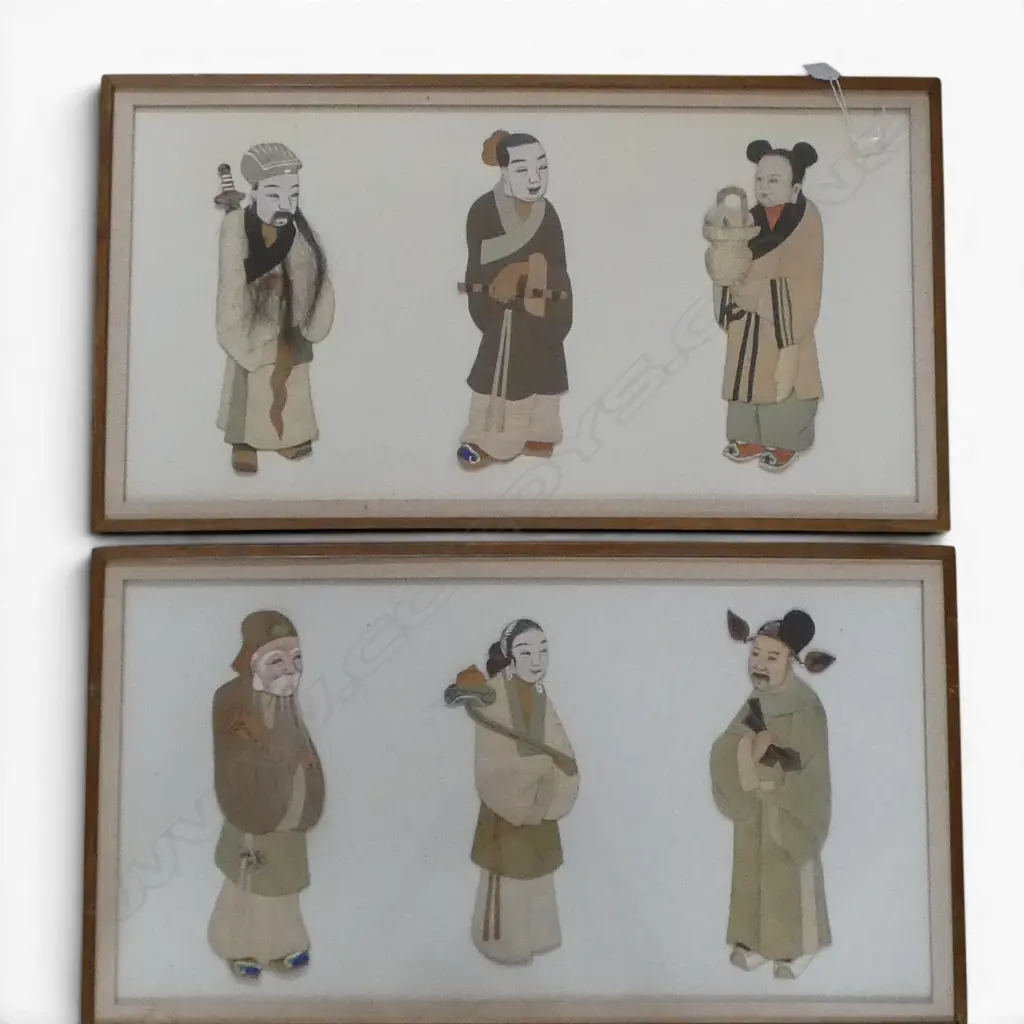 TWO FRAMED SETS OF 3 JAPANESE TEXTILE FIGURES, each 310 x 610mm Image 1++