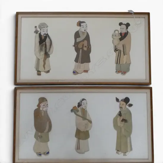 TWO FRAMED SETS OF 3 JAPANESE TEXTILE FIGURES, each 310 x 610mm