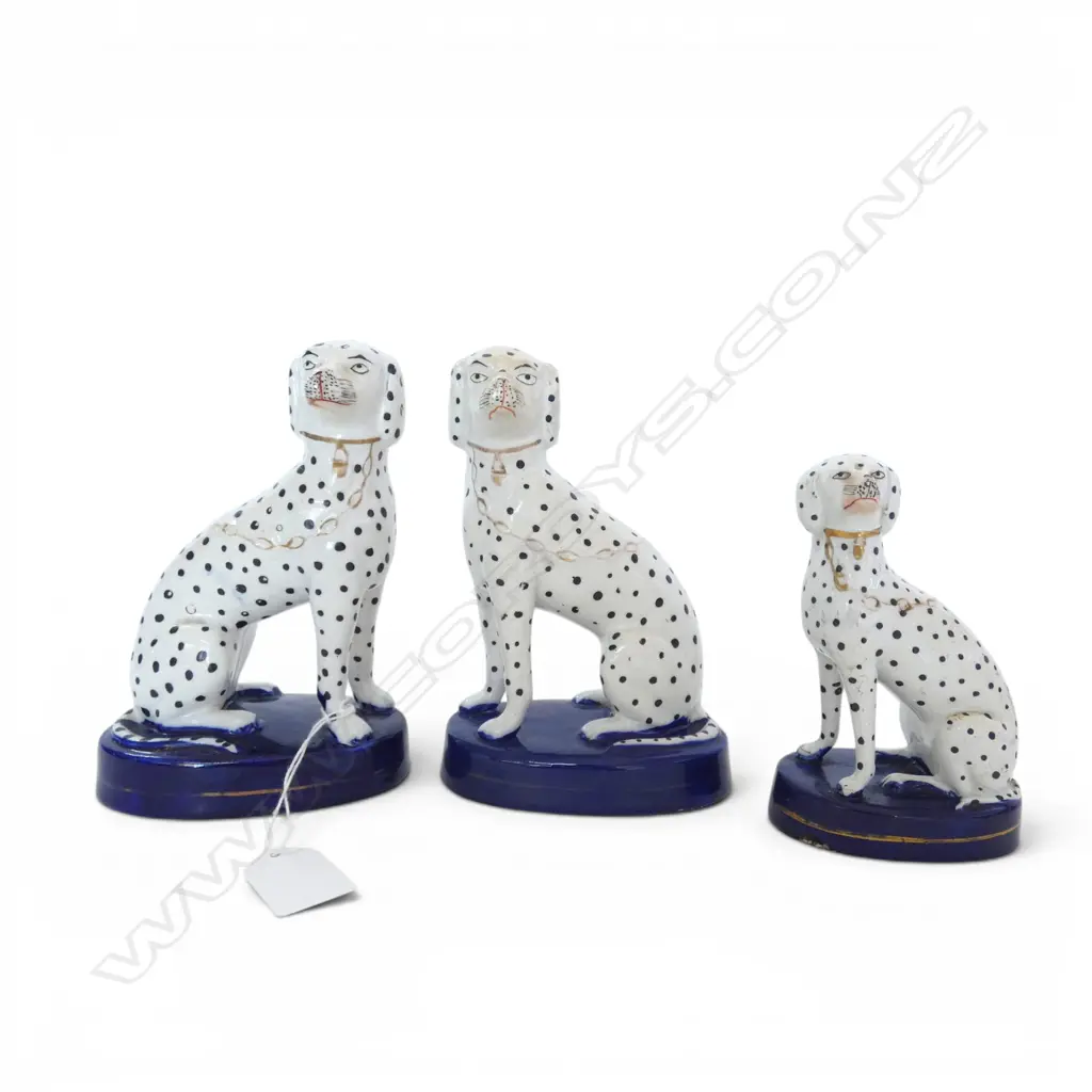 3 ANTIQUE STAFFORDSHIRE DALMATION DOGS H.165mm smallest w. base repaired Image 1++