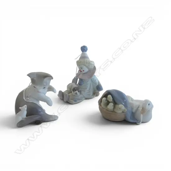 3 SMALL PCS LLADRO CHINA CLOWN H120MM CAT & MOUSE H100 & DUCKLINGS L100MM