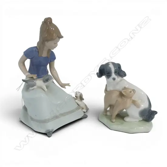2 NAO CHINA ORNAMENTS GIRL WITH PUPPYS H170MM & CAT & DOG ORN H110MM