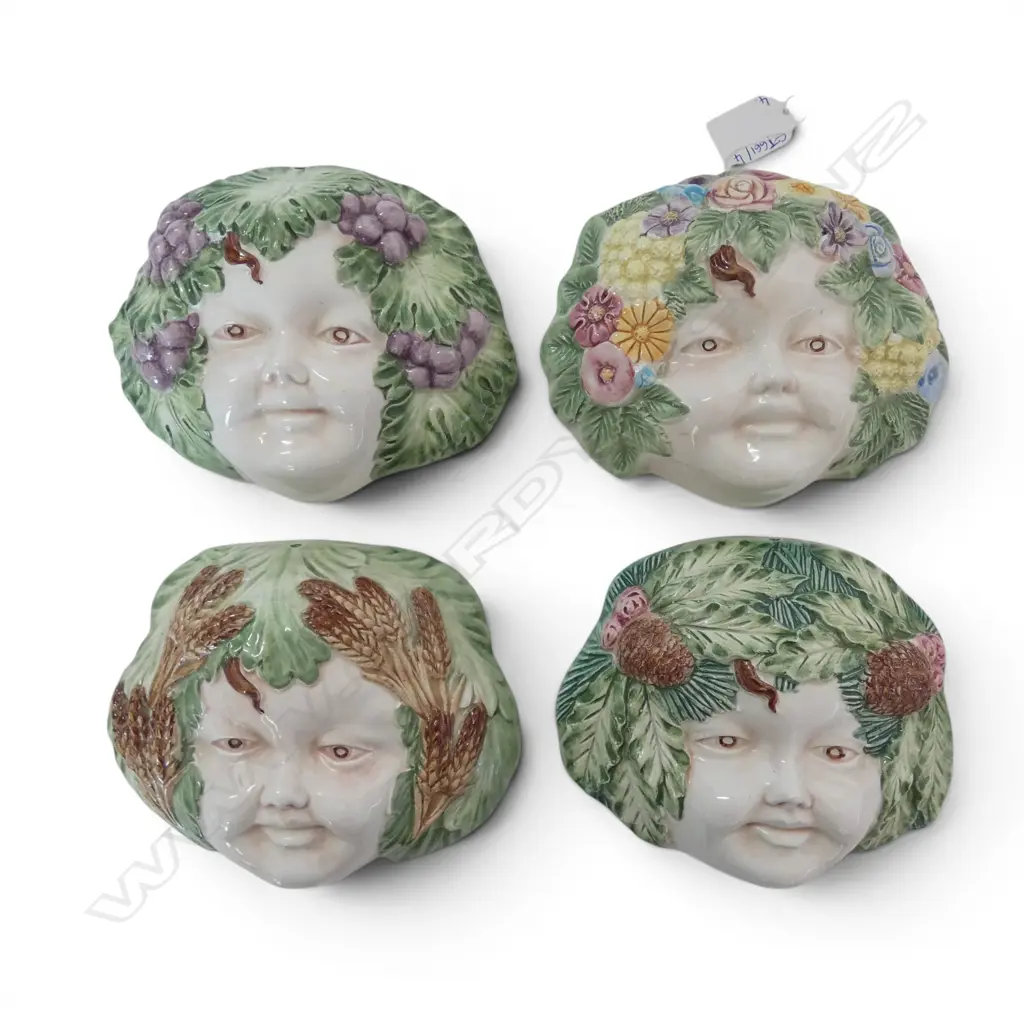 4 ITALIAN MAJOLICA WALL MASKS; THE FOUR SEASONS 140x170mm Image 1++