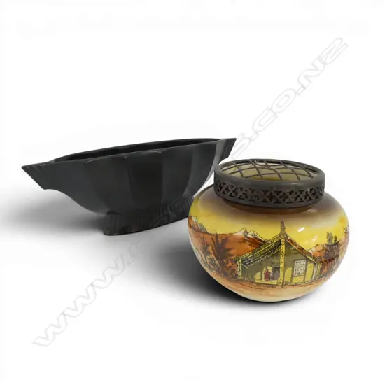 2 VASES; BLACK W.330mm small chip, ROYAL STAFFORDSHIRE 'HOMELAND SERIES' NZ MARAE VASE H.120mm hairline